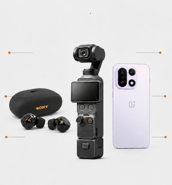 Pocket Stream product essentials: DJI Osmo Pocket, Sony earbuds, and OnePlus phone